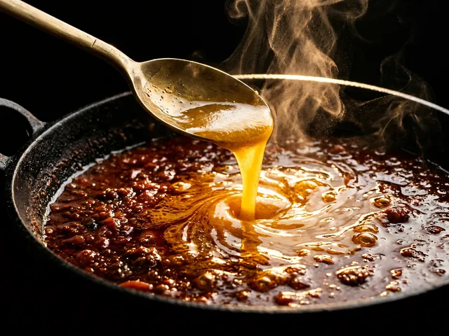 Melted ghee pouring from a brass spoon into karahi gravy