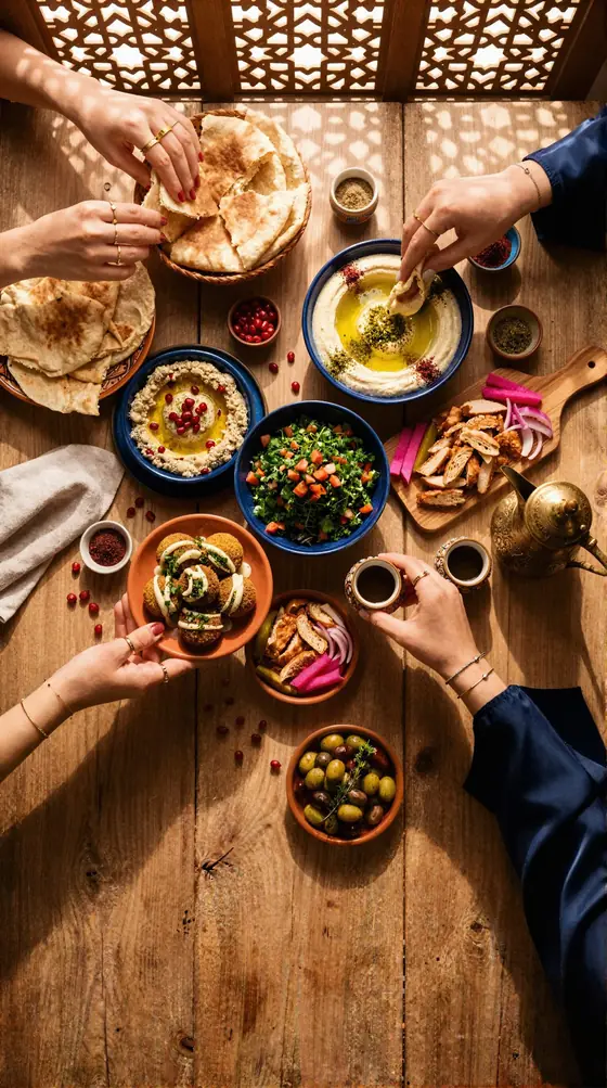 Overhead Lebanese mezze spread with hummus, tabbouleh and flatbread under lattice light