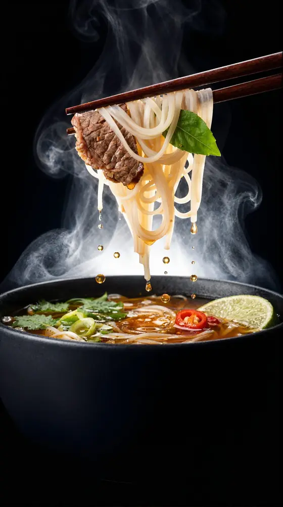 Chopsticks lifting rice noodles and beef from a steaming bowl of phở