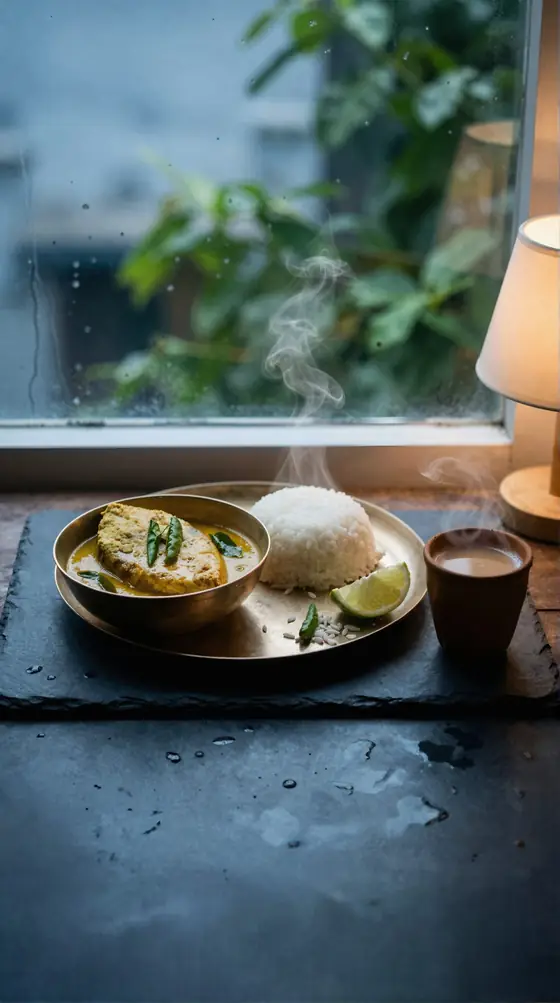 A plate of shorshe ilish mustard hilsa with rice beside a rainy window