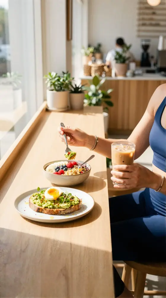 Weekend brunch of avocado toast, a fruit bowl and iced coffee at a sunny café counter