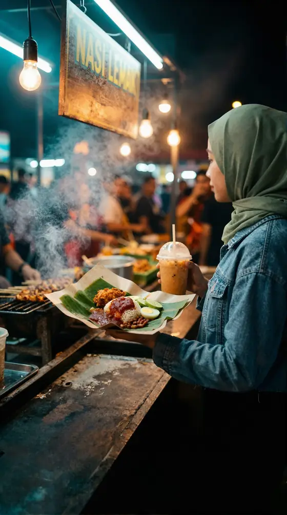 A woman holding nasi lemak wrapped in banana leaf at a Kuala Lumpur night market